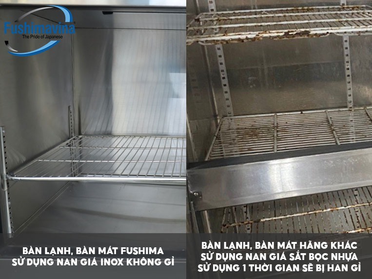 nan giá đỡ của bàn lạnh 2m3 Fushima được làm từ chất liệu inox cao cấp