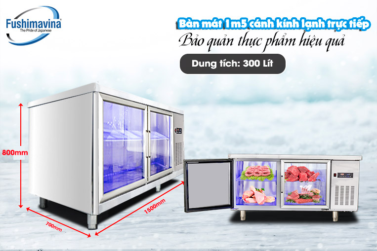 Bàn mát 1m5 cánh kính lạnh trực tiếp