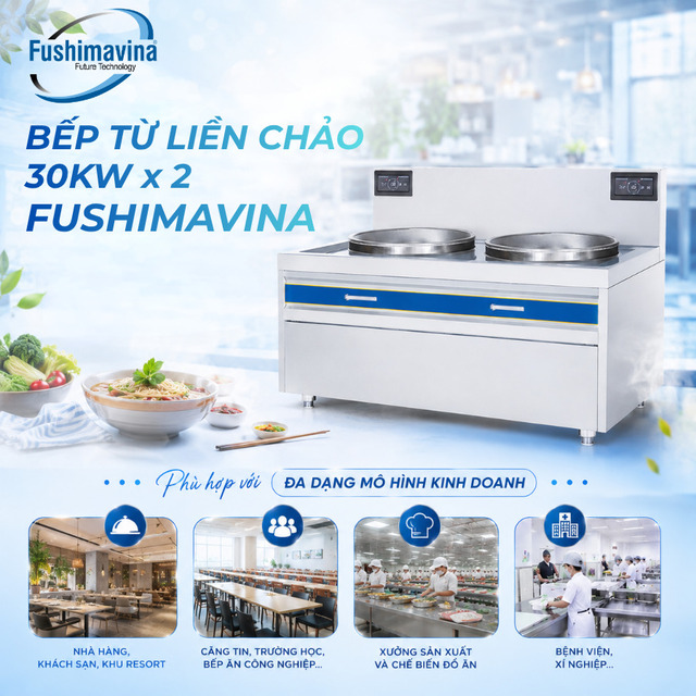 Các mô hình sử dụng bếp từ đôi công nghiệp 30kWx2 xào trực tiếp