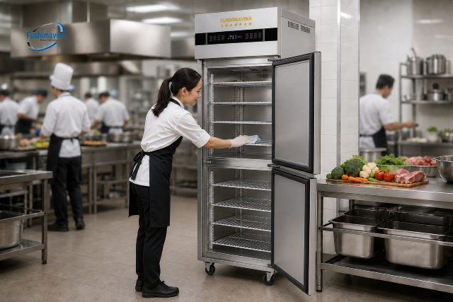 Chất liệu Inox phù hợp với môi trường bếp công nghiệp thường xuyên ẩm nóng.