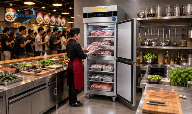 Các linh kiện chính của tủ cấp đông FSM-TDQ500 gồm máy nén, bảng mạch và dàn lạnh.