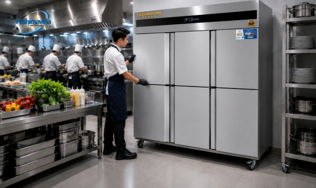 Tủ Mát 6 Cánh Quạt Gió 26 Chất liệu Inox phù hợp với môi trường bếp công nghiệp ẩm nóng.