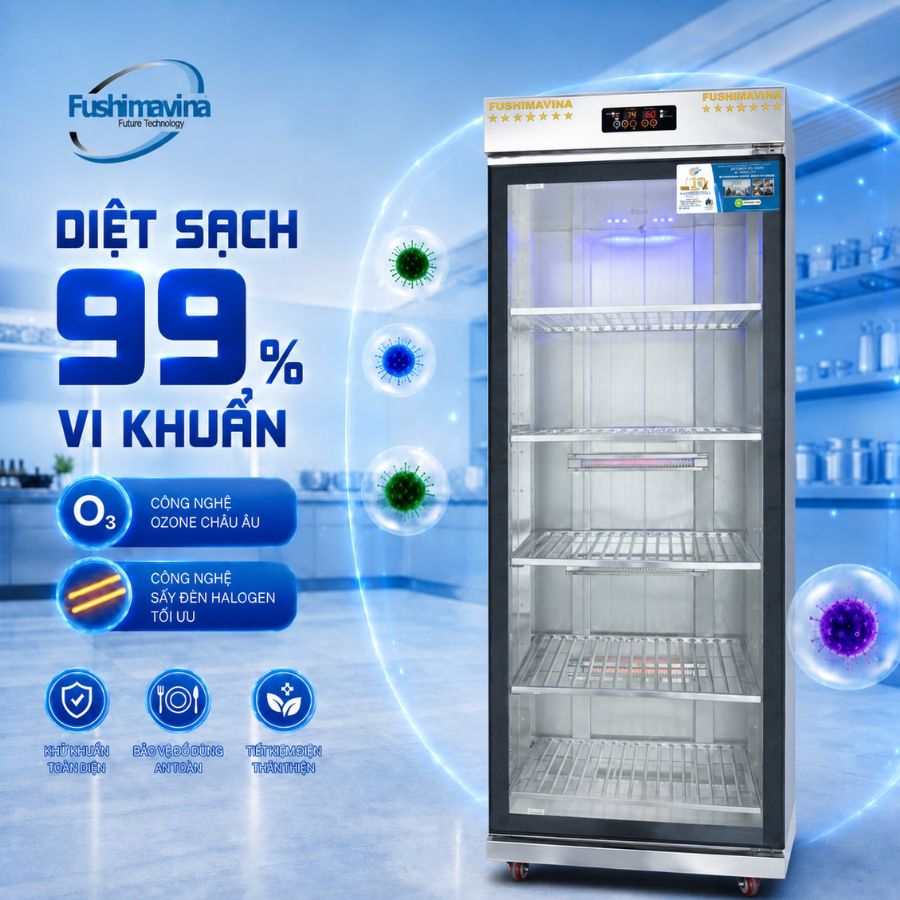 Tủ sấy bát cánh kính 600L 1 lớp 9 fsm tsb-1ck1l-khu-khuan-sach
