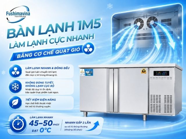 Tủ bàn lạnh, bàn mát 1m5 cánh Inox quạt gió 22 fsmblciq1m5-lam-mat-bang-quat