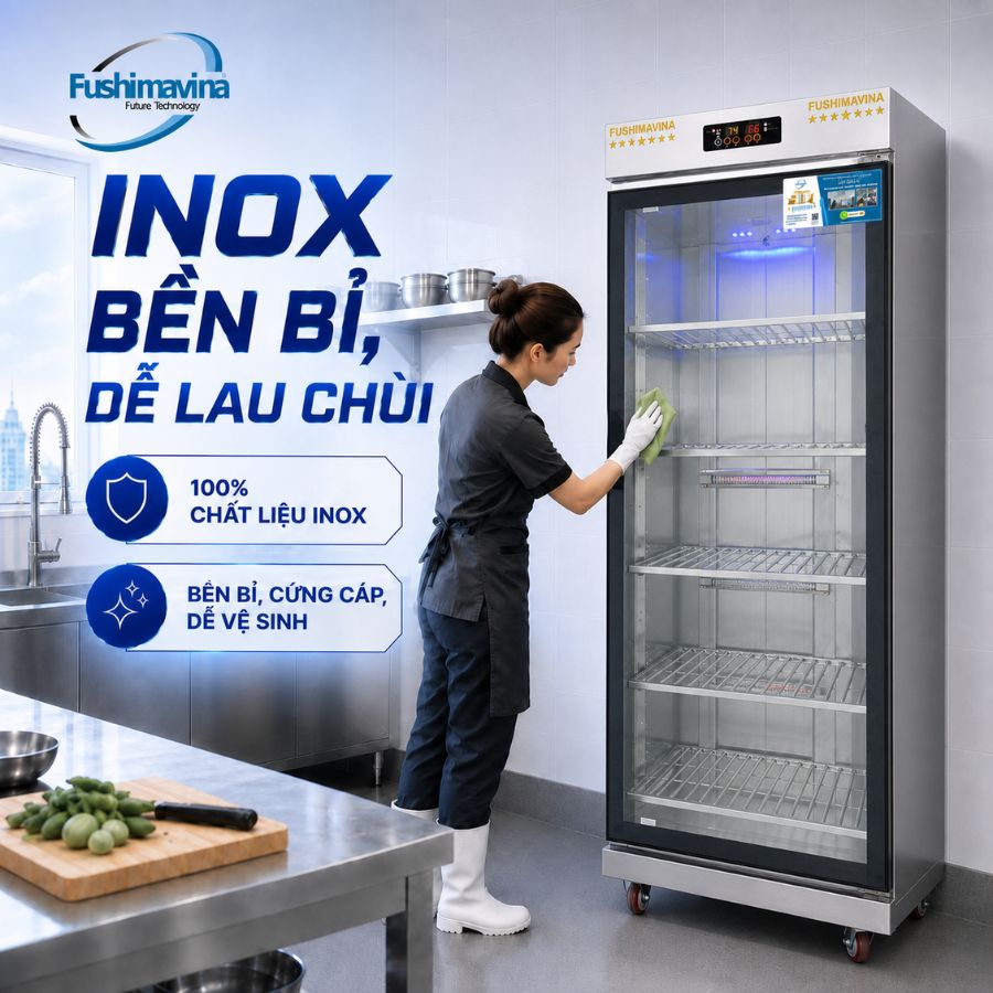 Tủ sấy bát cánh kính 600L 1 lớp 12 model-fsm tsb-1ck1l-su-dung-inox-ben-bi