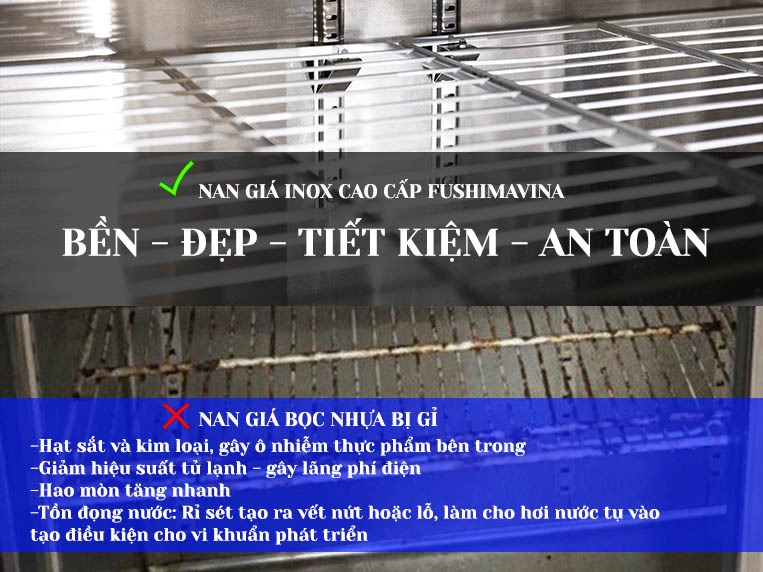 vỏ tủ và nan giá bên trong bàn đông mát 1m5 đều làm từ chất liệu inox cao cấp