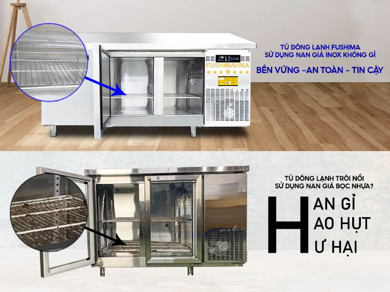 bàn đông lạnh 1m8 Fushima có vỏ tủ đều làm bằng chất liệu inox cao cấp
