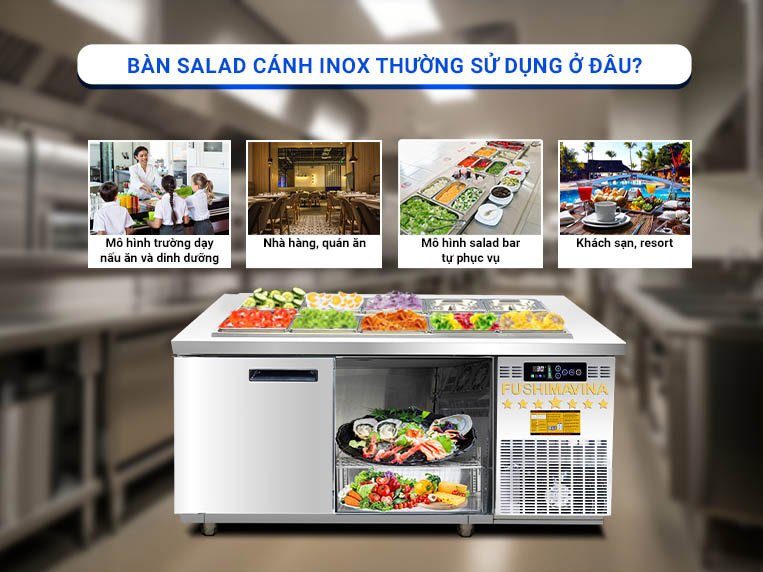 Bàn Salad 1m2 Cánh Inox 6 Sử dụng bàn salad