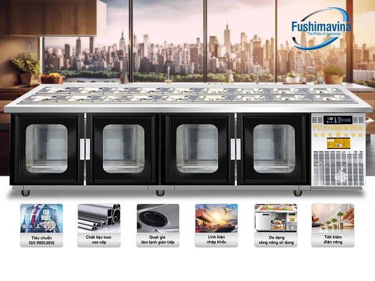 bàn salad 2m3 cánh kính giúp trưng bày, bảo quản quản thực phẩm