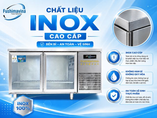 Tủ bàn lạnh, bàn mát 1m2 cánh kính quạt gió 24 fsmblckq1m2-chat-lieu-inox