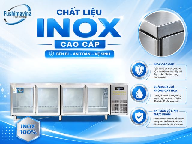 Tủ bàn lạnh, bàn mát 2m3 cánh kính quạt gió 25 fsmblckq2m3-chat-lieu-inox-cao-cap