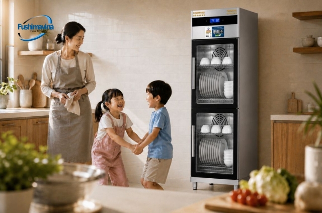 Bảo quản bát đĩa sạch sẽ, ngăn ngừa vi khuẩn trong tủ sấy khô.