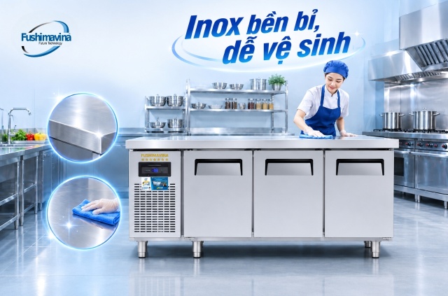 Bàn đông công nghiệp làm lạnh trực tiếp inox 304 chịu lực tốt.