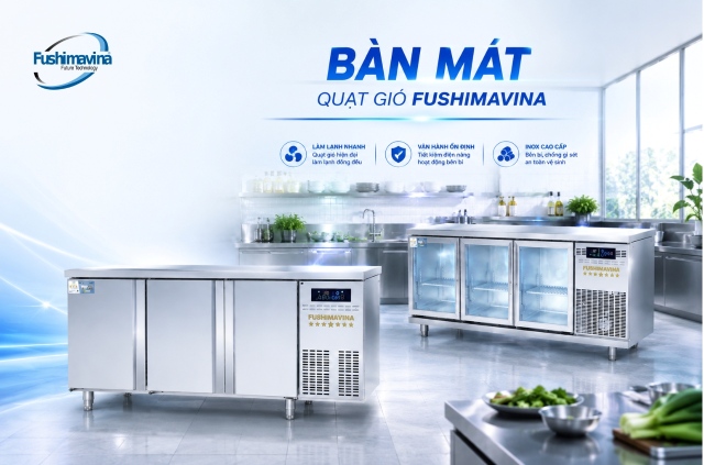 Bàn mát công nghiệp quạt gió cánh inox và cánh kính